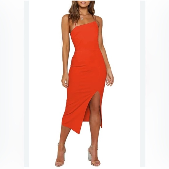 Dresses & Skirts - Small Asymmetrical neckline slit midi dress vibrant red/orange